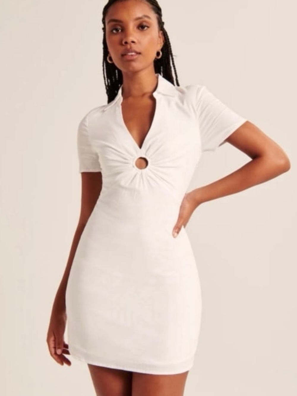 Cream Short Sleeve Ring-Detail Mini Dress